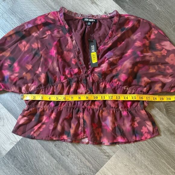 Steve Madden Wine Floral Blouse Button Down Top Feminine Ruffles - Picture 8 of 10